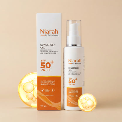 Niarah SPF 50+ PA+++ Sunscreen Gel With Allantoin, Niacinamide and Hyaluronic Acid, Broad Spectrum UVA &amp; UVB Protection, Quick Absorbing Formula, 100g