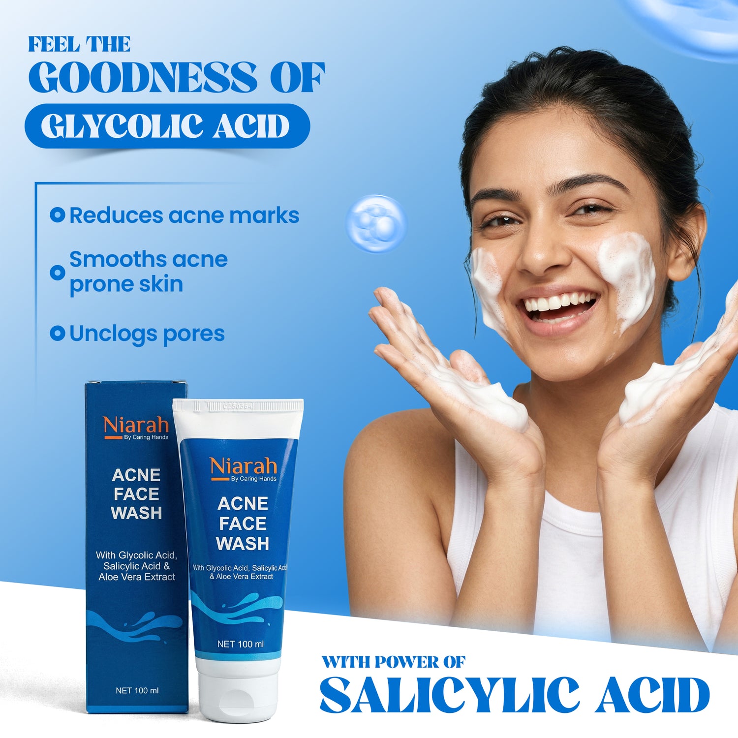 Niarah Acne Face Wash with 2% Salicylic Acid &amp; 1% Glycolic Acid for Oily Skin, Aloe Vera Extract Face Cleanser for Pimples and Blackheads, Deep Pore Cleansing Oil Control Face Wash for Men and Women Daily Skincare