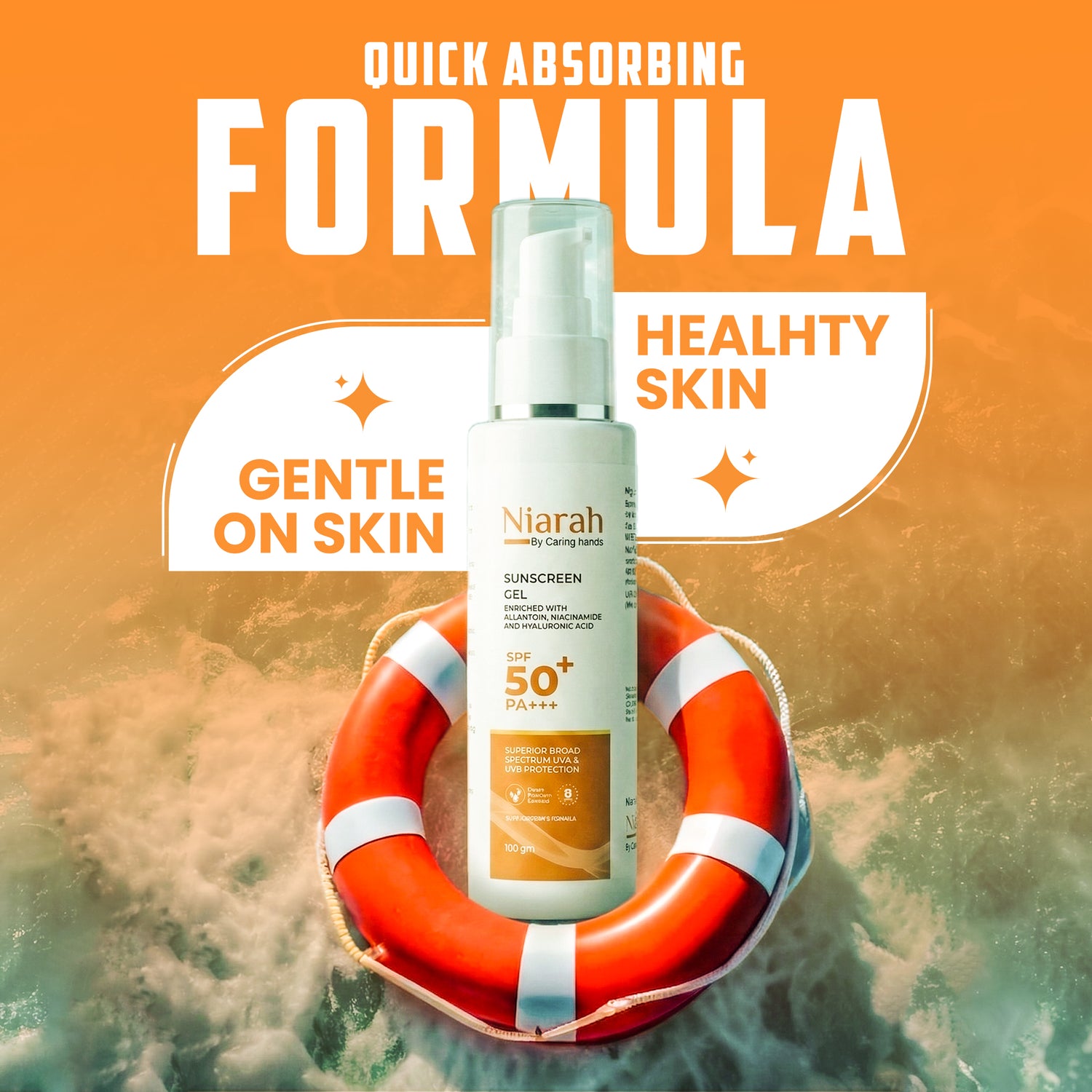 Niarah SPF 50+ PA+++ Sunscreen Gel With Allantoin, Niacinamide and Hyaluronic Acid, Broad Spectrum UVA &amp; UVB Protection, Quick Absorbing Formula, 100g